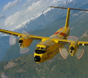 A yellow and red DHC-5 Buffalo flying over trees