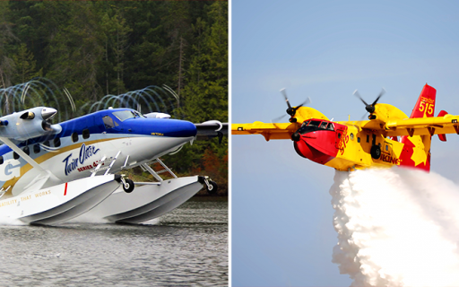 On the left: Viking DHC-6 Twin Otter Series 400 on amphibious floats. On the right: Viking Canadair CL-515.